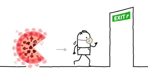Cartoon man with protection mask , chased by a big Virus monster, running to  Stock Illustration
