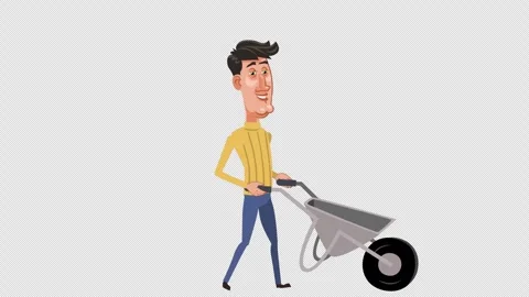 Cartoon man pushing empty work cart wheelbarrow. Isolated animation Video stock 295405839