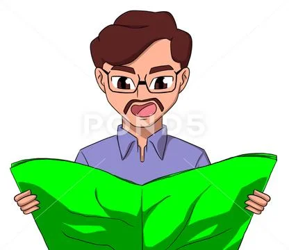 Cartoon Man Reading a Newspaper. Customizable Newspaper Template. Modello PSD