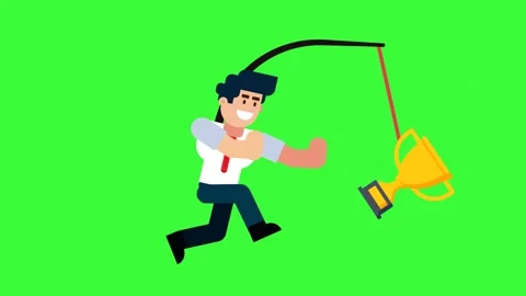 Cartoon Man Running After Trophy Symbolizing Ambition and Victory Stock Footage 319504570