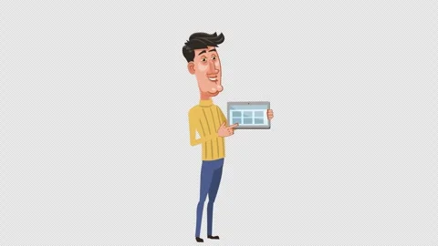 Cartoon man showing tablet pc demonstrating screen with website. Isolated Stock-Footage 295111635