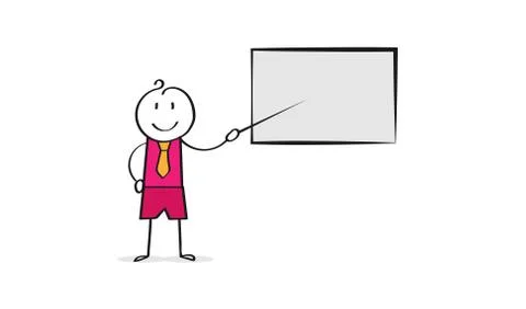 Cartoon man shows a pointer to a poster, a place for a picture or text. Stock Illustration