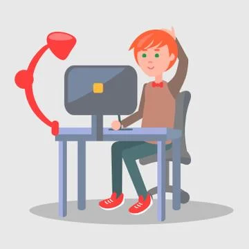 Cartoon Man Sits at Table with Computer Vector Stock Illustration