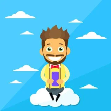 Cartoon Man Sitting on Clouds Use Cell Smart Phone, Internet Communication Stock Illustration