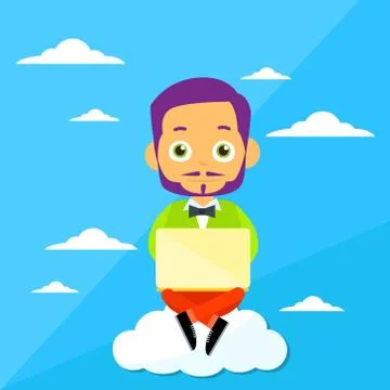 Cartoon Man Sitting on Clouds Use Laptop Computer, Internet Communication Stock Illustration