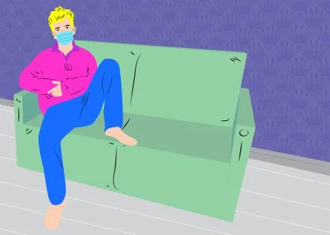 Cartoon man sitting on sofa wearing protective mask against virus. Vector ill Stock Illustration