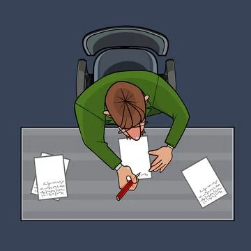 Cartoon man sitting at the table and signing sheets of paper with a pen Stock Illustration