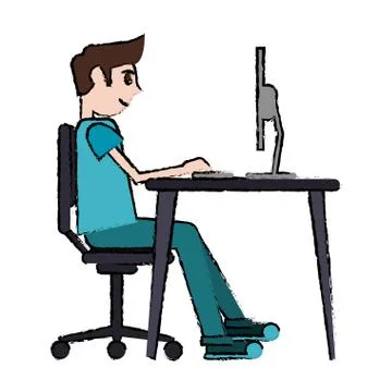 Cartoon man sitting using laptop on desk design Stock Illustration