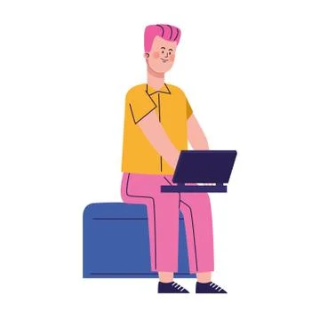 Cartoon man sitting using a laptop computer Stock Illustration