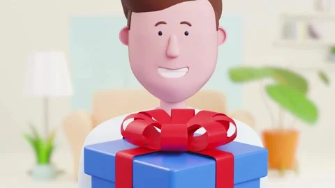 Cartoon man smiling while holding blue gift box present Stock Footage 333113975