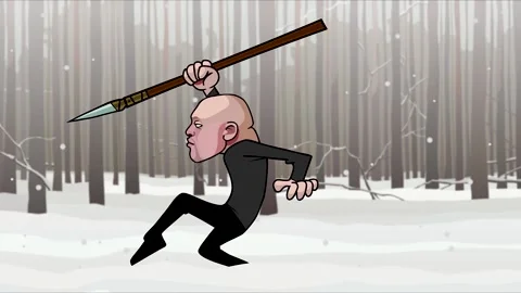 Cartoon man with a spear sneaking through the forest Video stock 168888148