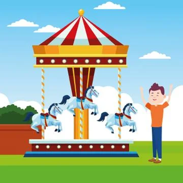 Cartoon man standing next to carousel over landscape background, colorful design Illustrazione stock