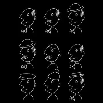 Cartoon man talking. Set of different faces. Man with bulb Stock Illustration