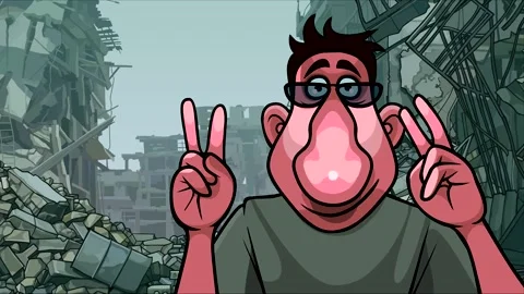 Cartoon man talking showing gesture with fingers quotes being in the ruins Stock Footage 233985545