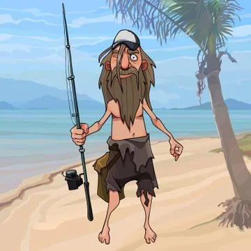 Cartoon man in tattered clothes stands with a fishing rod in hand on a tropic Stock Illustration