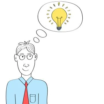 Cartoon man thinking bright dea light bulb Illustrazione stock