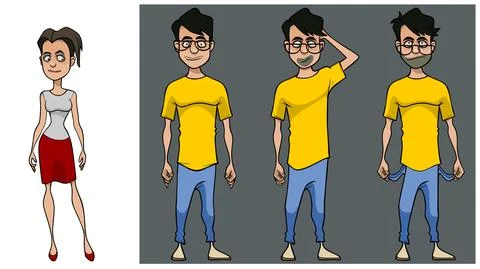Cartoon man in three different poses and one woman Stock Illustration