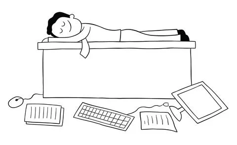 Cartoon man threw the computer and papers on the floor and is sleeping on the Stock Illustration