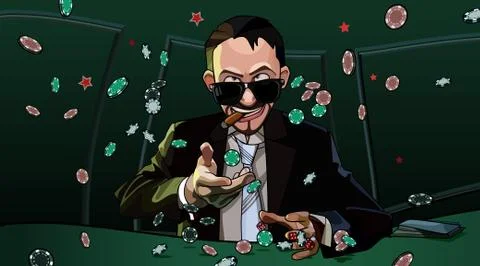 Cartoon man throws chips while sitting at a table in a casino Stock Illustration