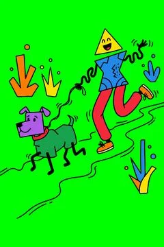 Cartoon Man with Triangle Head Walking a Dog Stock Illustration