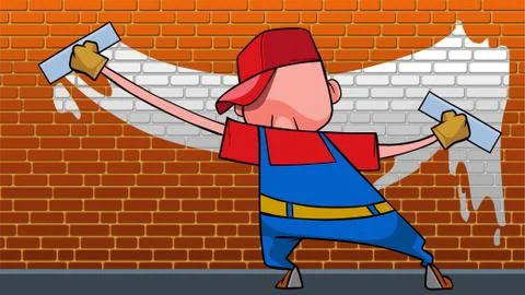 Cartoon man with two rollers funny paints the wall Stock Illustration