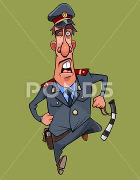 Cartoon man in uniform of traffic police officer funny runs Stock Illustration