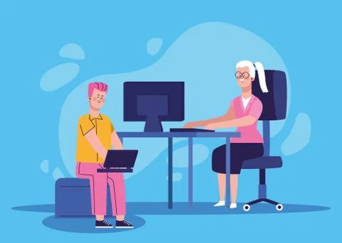 Cartoon man using a laptop computer and woman on office desk with computer Stock Illustration