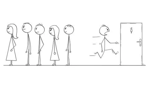Cartoon of Man Waiting in Queue Who Need To Visit Bathroom or Toilet Stock Illustration