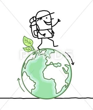 Cartoon man walking around the Earth Stock Illustrationen