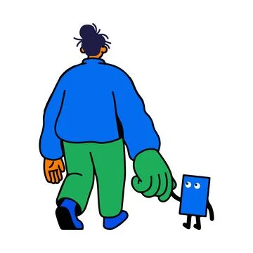 Cartoon Man Walking with Blue Square Character Stock Illustration