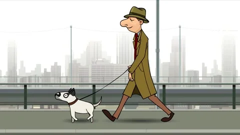 cartoon man walking with dog on leash | Stock Video | Pond5