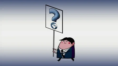 Cartoon Man Walking with Global Question Mark Sign and Globe Icon Stock Footage 320223695