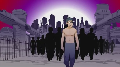 Cartoon man walks with a crowd Stock Footage 80863178