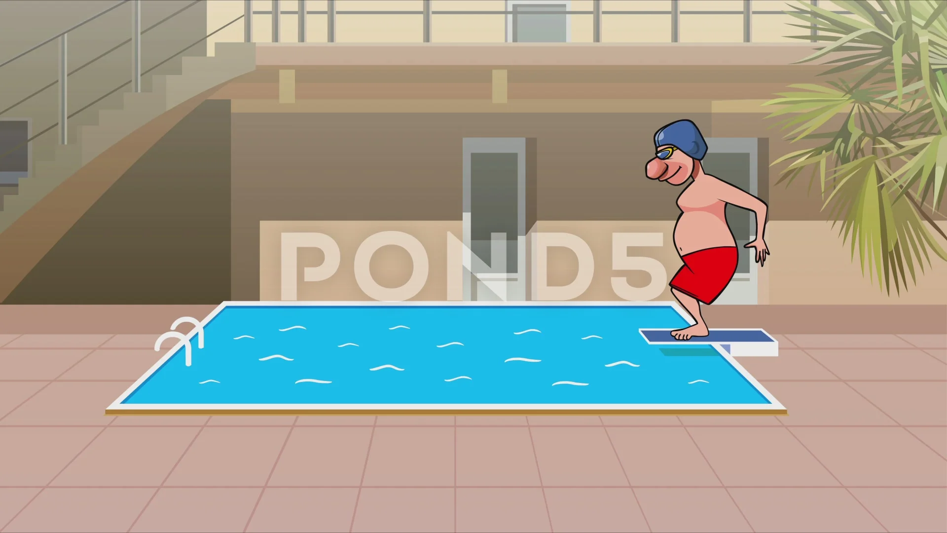 cartoon man walks to the pool and dives ... | Stock Video | Pond5