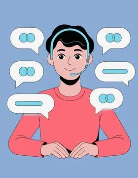 Cartoon man wearing headset with multiple chat bubbles around him on blue Stock Illustration
