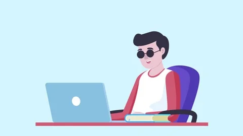 Cartoon man wearing sunglasses using laptop computer at desk while sitting .. Stock Footage 333303097