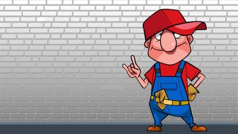 Cartoon man in working overalls posing against a wall Stock Illustration