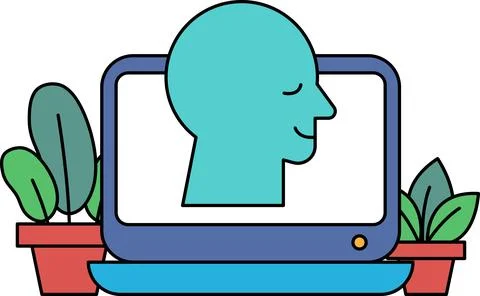 A cartoon of a man's head on a computer screen with a smiling face Stock Illustration