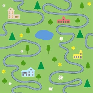 Cartoon map seamless pattern with houses and roads. Vector colorful background Illustrazione stock