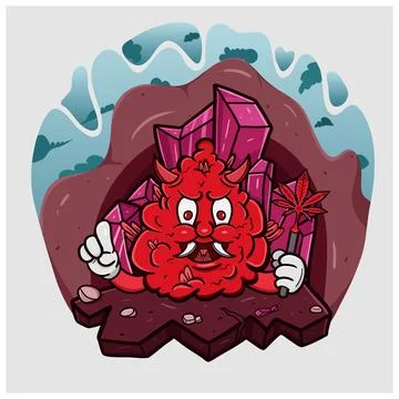 Cartoon Mascot Of Devil Weed Bud In Red Crystal Cave. Stock Illustration