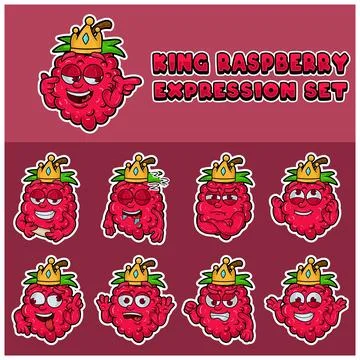 Cartoon Mascot Of  Raspberry Character with king and expression set. Stock Illustration