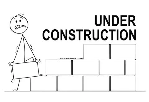 Cartoon of Mason or Bricklayer Building a Wall from Bricks or Blocks. Under Ilustración de archivo