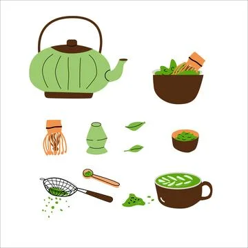 Cartoon matcha tea set of matcha powder and teapot Stock Illustration