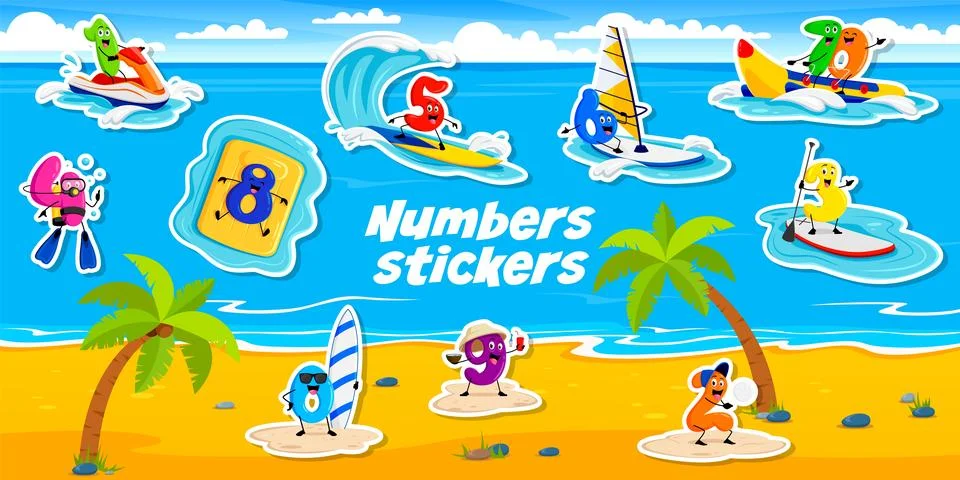 Cartoon math numbers characters on beach stickers Ilustración de archivo