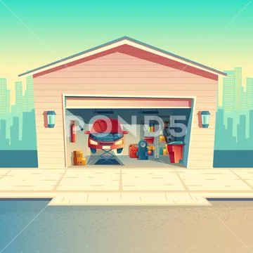 Cartoon mechanic workshop with car, garage Stock Illustrationen