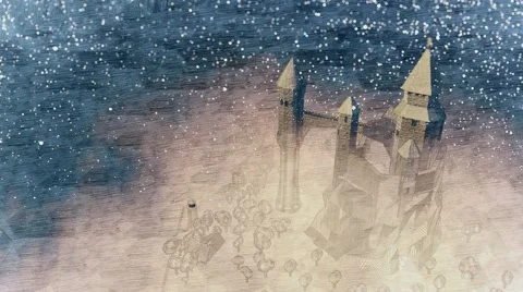 Cartoon medieval castle in the clouds. River coast lighthouse. Winter. Snowfall. Stock Footage 57319463