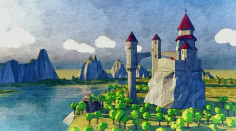 Cartoon medieval castle. River coast with lighthouse. Timelaps animation. Fog. Stock Footage 57319084
