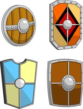 Cartoon Medieval Shields Weapons. Vector Hand Drawn Collection Set Stock Illustration