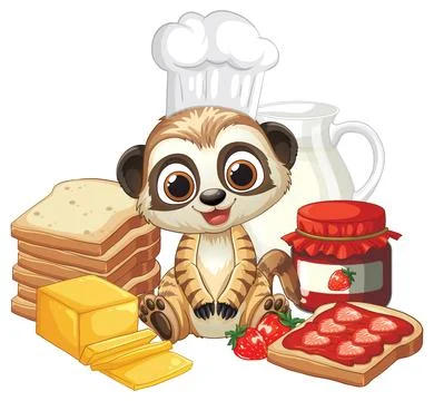 Cartoon Meerkat Chef with Bread Jam and Milk Breakfast Illustration Stock Illustration