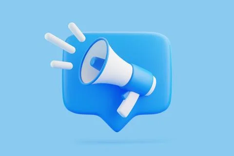 Cartoon megaphone with notification speech bubble on blue background Stock Illustration